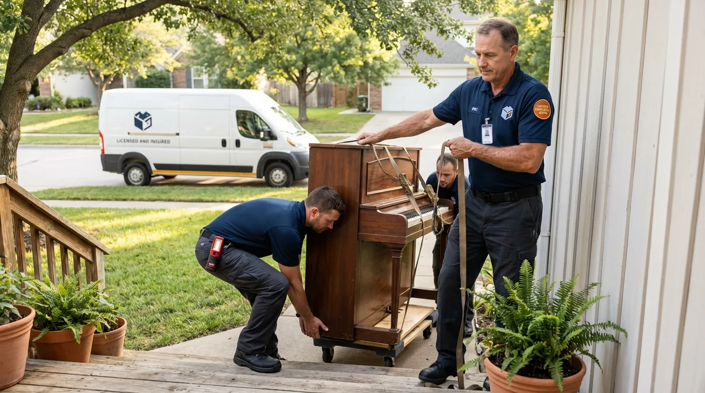 Licensed piano movers securing grand piano in Mount Vernon, IA