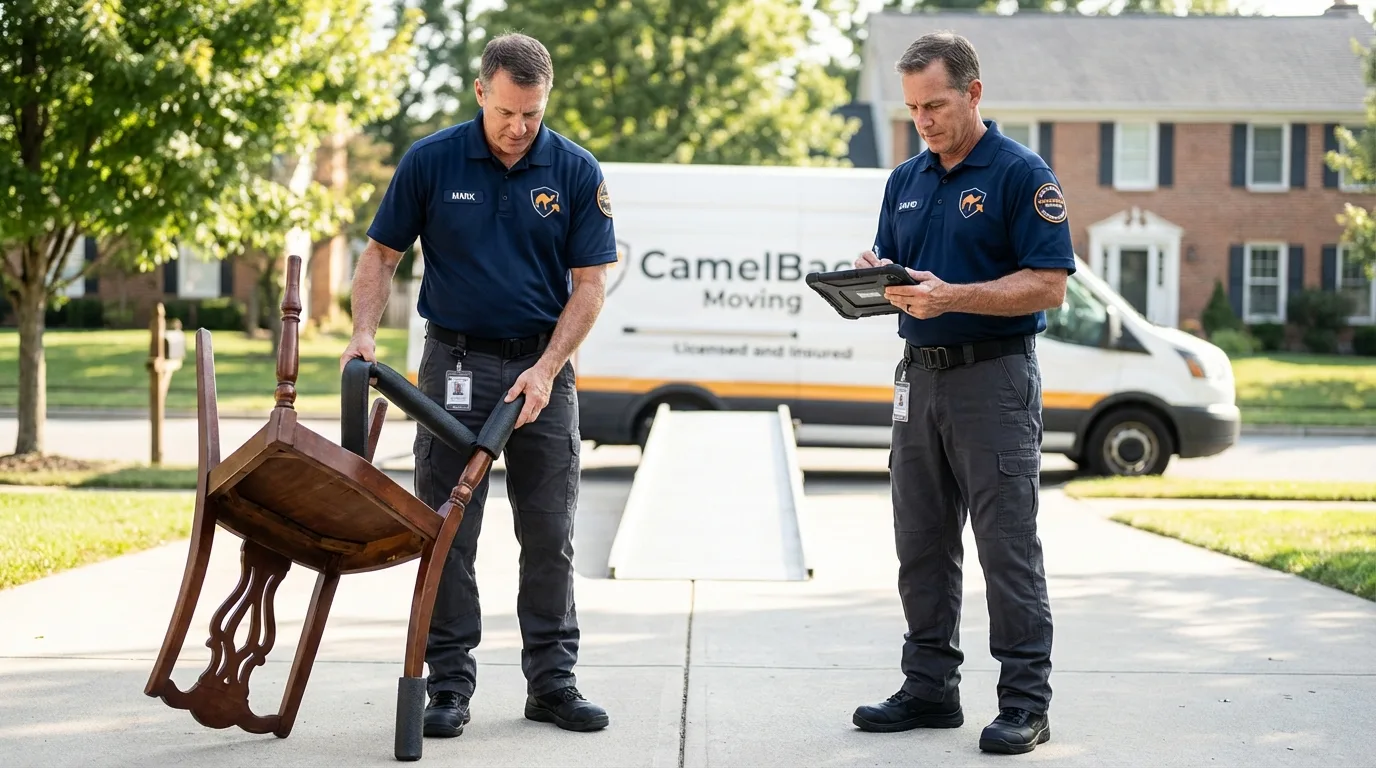 Movers inspecting furniture for damage prevention before loading in Mount Vernon, IA